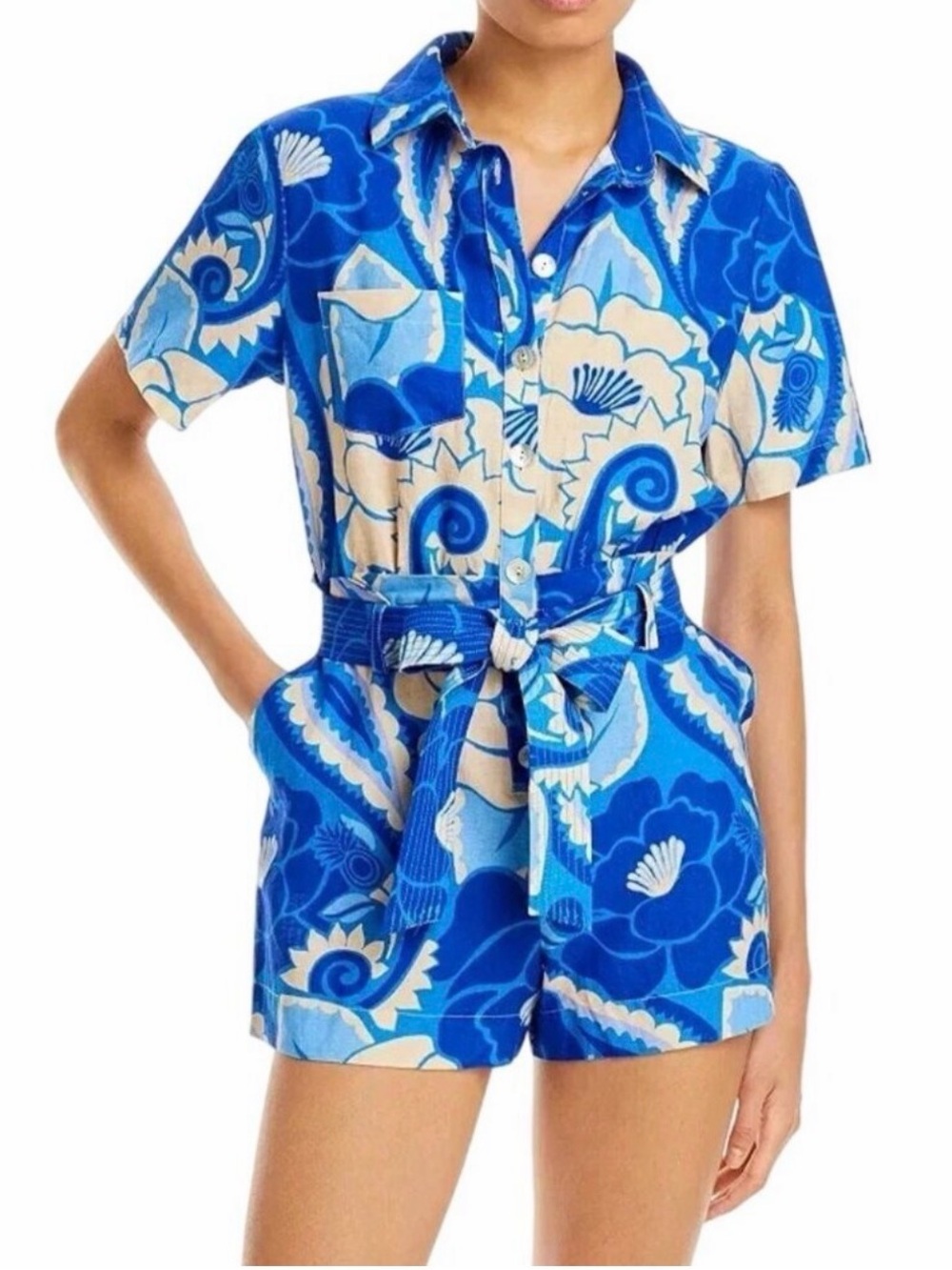 FARM Rio Blue and Cream Floral Button Romper